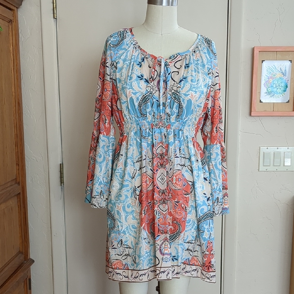 Colorful Paisley Dress, Bell Sleeves, Elastic Waist
